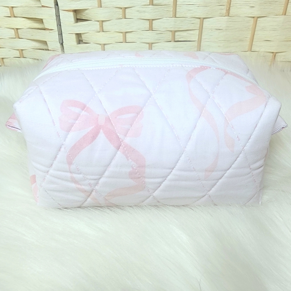 Handmade Quilted Boxy Bag 100% Cotton Pink Bow Fabric Makeup Travel Lined